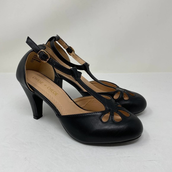 Chase + Chloe Kimmy T-Strap Pumps Black Retro - Picture 2 of 8